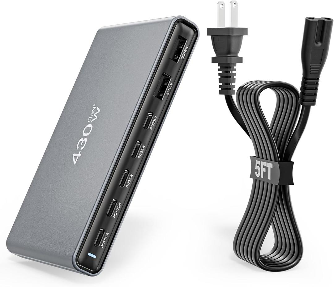 GaN5 430W USB C Charger Block Charging Station,Apple 7 Port Fast Charging Block with Dual 100W USBC Multiport Adapter TypeC & USBA Desktop Charger for iPhone17/16/15/14/13/Pro Max/MacBook Pro/Air/iPad