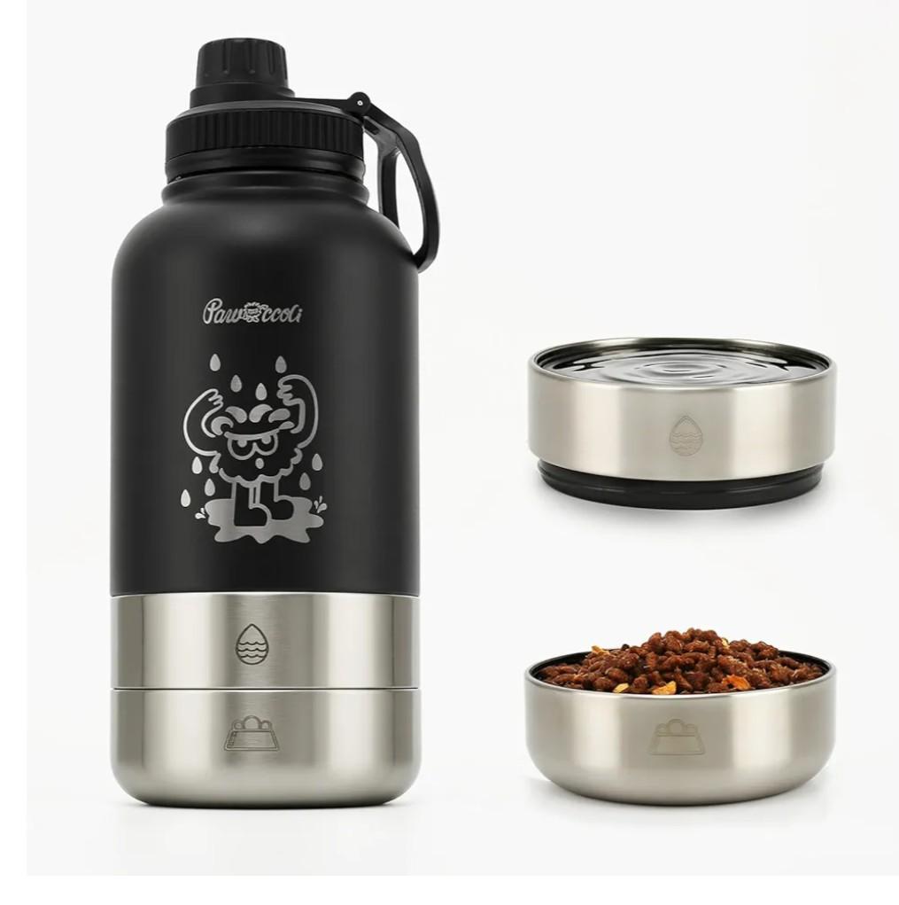 34oz Dog Water Bottle, Stainless Steel Dog Water Bottle Dispenser with Detachable Food & Water Bowls, Keeps Water Hot/Cold, for Walking, Hiking, Camping(Black)