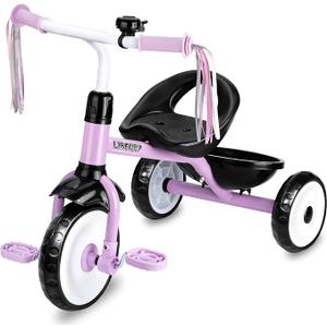 Liberry Toddler Tricycle Age 2 3 4 Years Old, Kids Trike with Bell, Back Basket and Removable Pedal, 3 Wheel Bike Riding Toy Gift for Girls, Purple