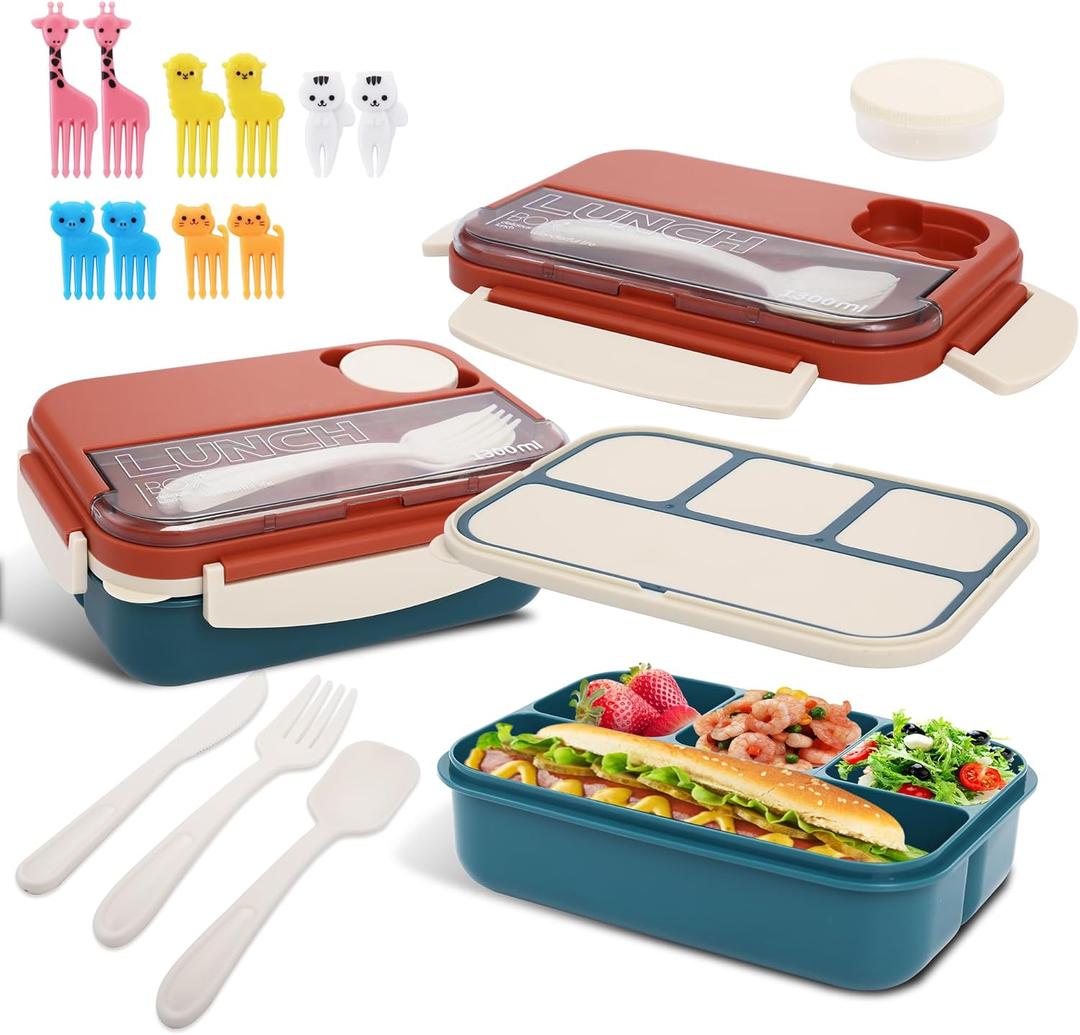 Bento box adult work lunch box, adult container, with 4 compartments, lunch container with cutlery ( knife, fork, spoon, sauce box), animal fruit fork, microwave and dishwasher safe, Orange Blue
