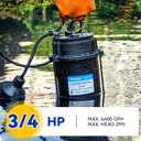 Acquaer Sewage Pump Submersible Water Pump with Automatic Float Switch, for Sump Basin, Residential Sewage, Black, 2'' NPT 3/4 HP 6400 GPH