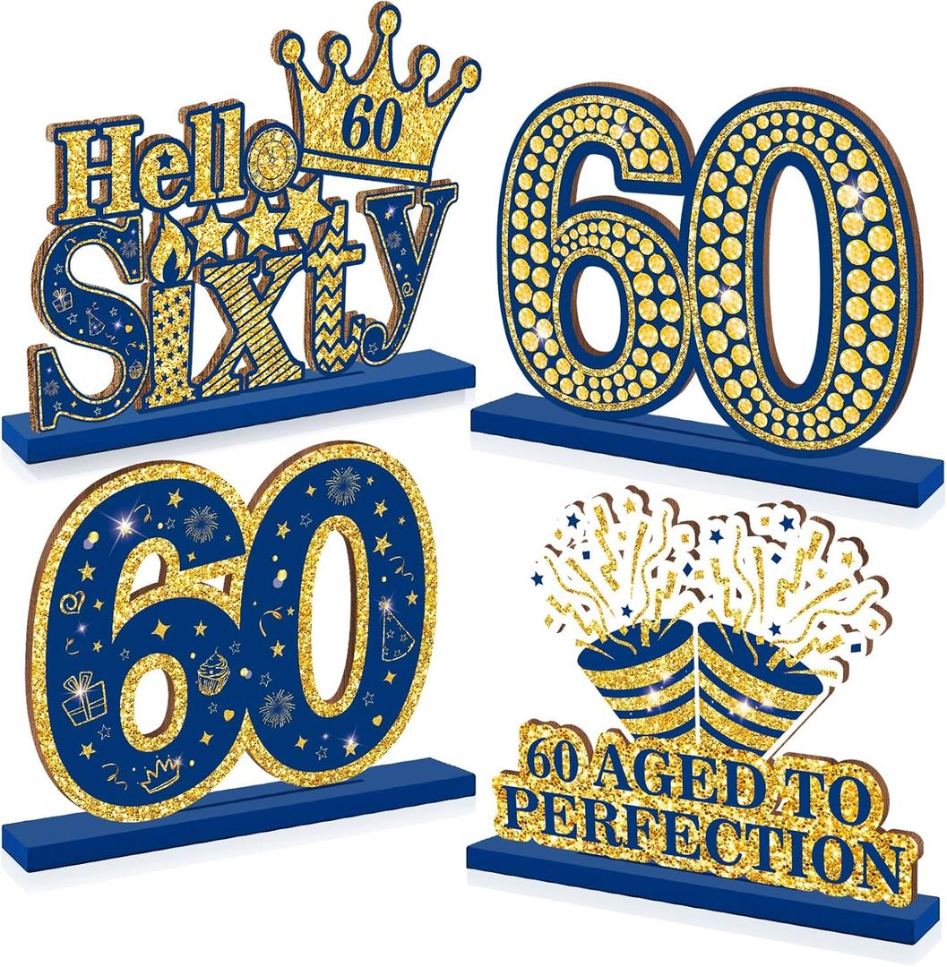 Happy 60th Birthday Table Decorations Blue 60th Birthday Table Centerpieces Sign Navy Blue Gold 60th Birthday Party Supplies Decorations for Men Women Wooden Vintage 1964 Centerpieces for Tables Decor