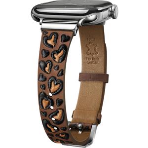 Slim Leopard Leather Bands Compatible with Apple Watch 38mm 40mm 41mm 42mm 44mm 45mm 46mm 49mm for Women, Thin Engraved Genuine Leather Strap for iWatch Series 11 10 9 8 7 6 5 4 3 SE Ultra