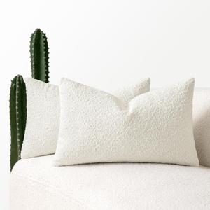 MIULEE 12x20 Inch Decorative Lumbar Pillow Covers for Couch Bed Set of 2 Textured Boucle Neutral Throw Pillow Covers Cream White Accent Solid Pillowcases Sofa Living Room Home Decor