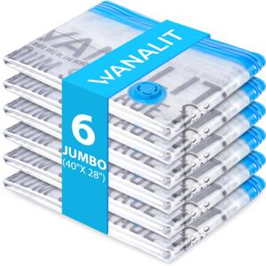 6 Pack Jumbo Vacuum Storage Bags (40"x28"), Reusable Vacuum Sealer Compression Space Saver Bag for Clothes, Mattress, Blanket, Duvets, Pillows, Comforters, Quilt, Travel (Pump Not Included)