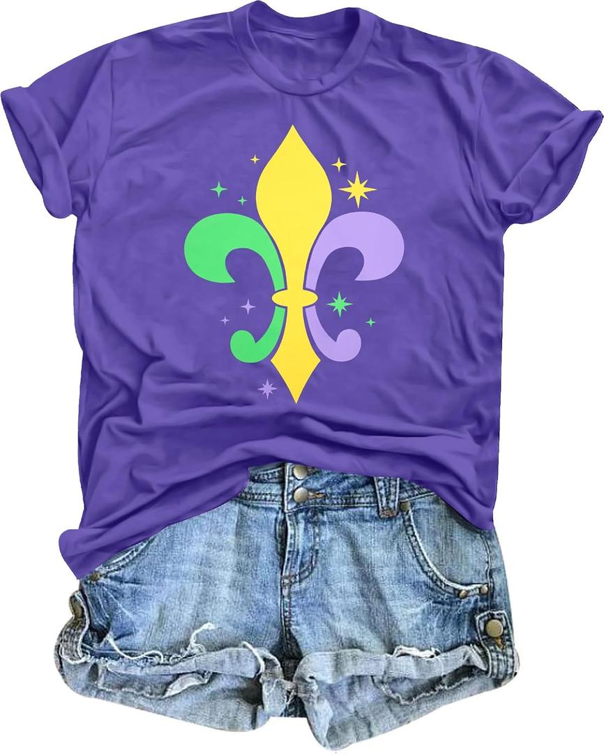 KIDDAD Mardi Gras Shirts for Women: Carnival Themed Shirt Funny Fleur Graphic Tshirt New Orleans Party Tee Holiday Tops. XL