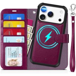 TUCCH Detachable Case Wallet for iPhone 17 Pro (6.3") 2025, Wrist Strap | 4 Card Slots RFID Blocking | Wireless Charging | Stand | 2-in-1 Magnetic | PU Leather | Shockproof Folio Cover | Plum Purple