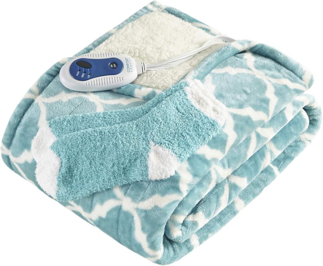 Comfort Spaces Plush to Sherpa Electric Blanket Shawl Shoulder, Neck Wrap with Matching Sock Set, Giftable Ultra Soft, Warm, Snuggle Fleece-Reversible Heated Poncho Throw, 50" W x 64" L, Ogee Aqua