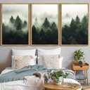 KUVIOKE Green Fog Pine Tree Framed Wall Art Nature Nordic Forests Artwork Morden Painting Home Decor 24x36in (Natural Framed)