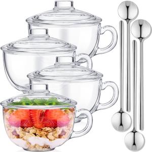 Set of 4 Glass Cereal Bowls Microwave Safe Glass Soup Bowls with Handle and Spoon Clear Oatmeal Glassware Mixing Ramen Pot Coffee Mugs with Lids Milk Breakfast Mug for Yogurt 20 Oz/ 600 ml
