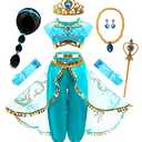 Mecamelon Arabian Princess Fancy Costume for Girls Halloween Dress Up (Wig Blue Set, 6 Years)