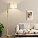 Nintiue Upgraded Modern Arc Dimmable Tall Standing Floor Lamp with Linen Shade, 1200 Lumens LED Bulb Included, for Living & Reading Room, Bedroom, Office & Nursery, Brass
