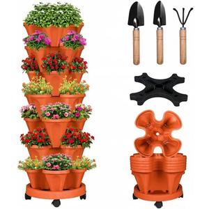 Vertical Strawberry Planter 7 Tier Stackable Tower Herb Planters Stacking Outdoor Garden Red Planters Pot with Tools Mover for Growing Flowers, Vegetables and Succulents