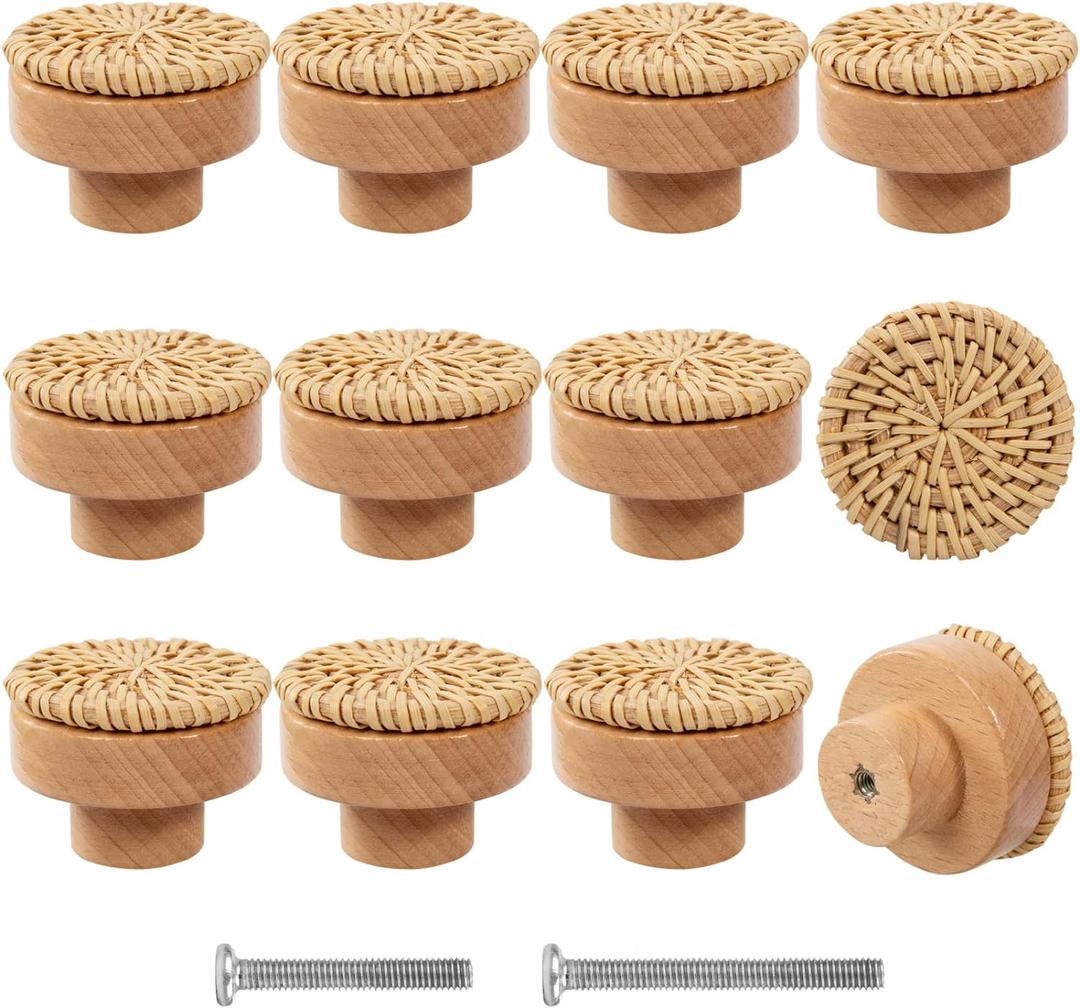 ANPHSIN 12 Pack Boho Wood Dresser Drawer Knobs- Handmade Rattan Woven Cabinet Knobs Pulls Handles with 24 Screws for Home Nursery Furniture