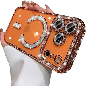 Changjia Magnetic Clear Glitter Case for iPhone 17 Pro Max,[Compatible with MagSafe] Cute Bling Sparkly Diamond Rhinestone with Camera Protector TPU Bumper Women Girl Case for iPhone 17 Pro Max,Orange