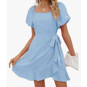 SAMPEEL Womens Summer Dresses Square Neck Puff Sleeve Tie Waist Short Dress XXL Baby Blue