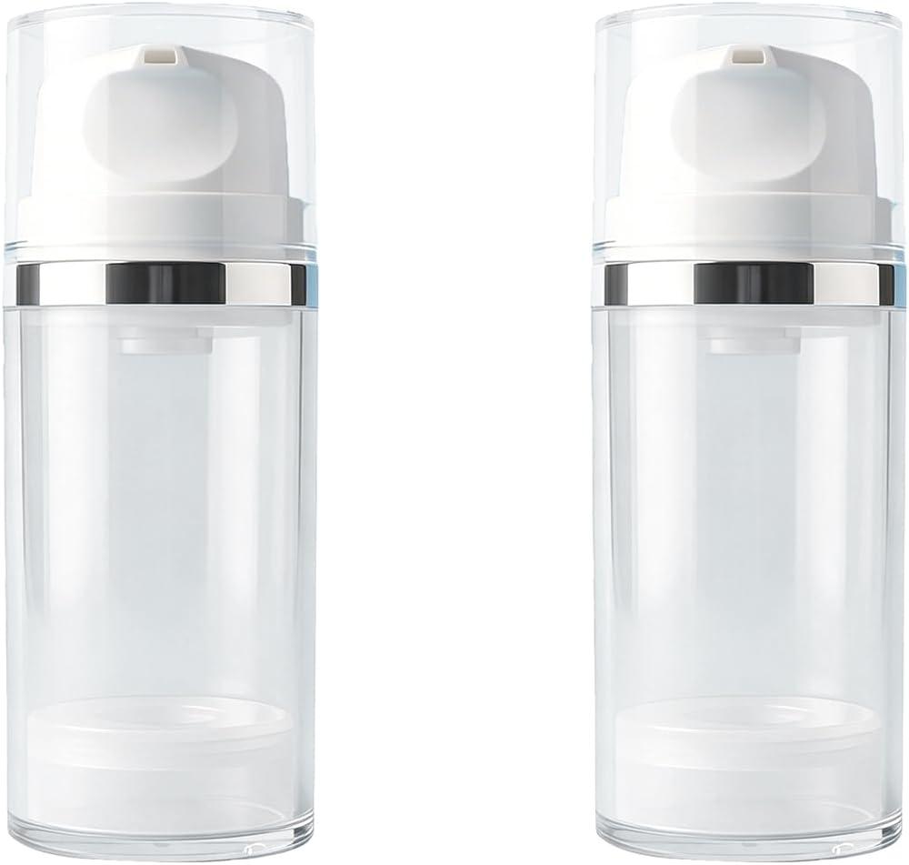 2 Pack 50ml 1.7oz Clear Airless Pump Bottles Refillable Travel-Sized Cosmetic Containers for Lotion Cream Serum Leakproof Vacuum Dispenser Bottles for Toiletries Makeup
