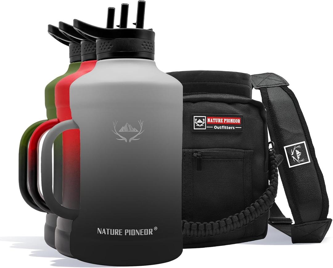 NATURE PIONEOR 64oz Insulated Water Bottle with Handle,Stainless Steel Half Gallon Water Bottle with Straw,Metal Large Tumbler Jug with Holder CarrierKeep Cold Hot, Black (Gray)