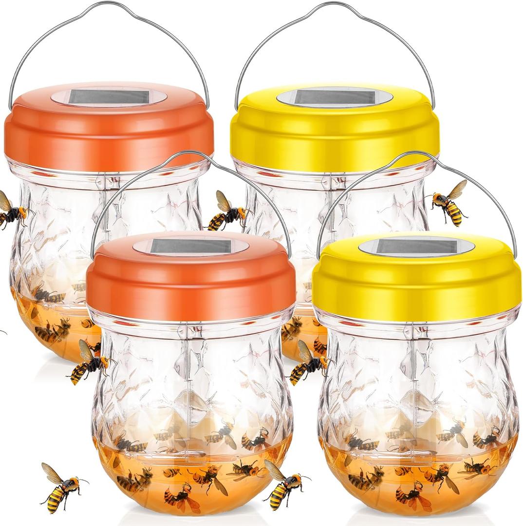 4 Pack Solar Wasp Traps Outdoor Hanging - Carpenter Bee Traps for Hornets Yellow Jackets Mud Daubers, Wasps Deterrent Trap with LED Light for Outside, Orchard, Garden, Patio, Courtyard, Farm