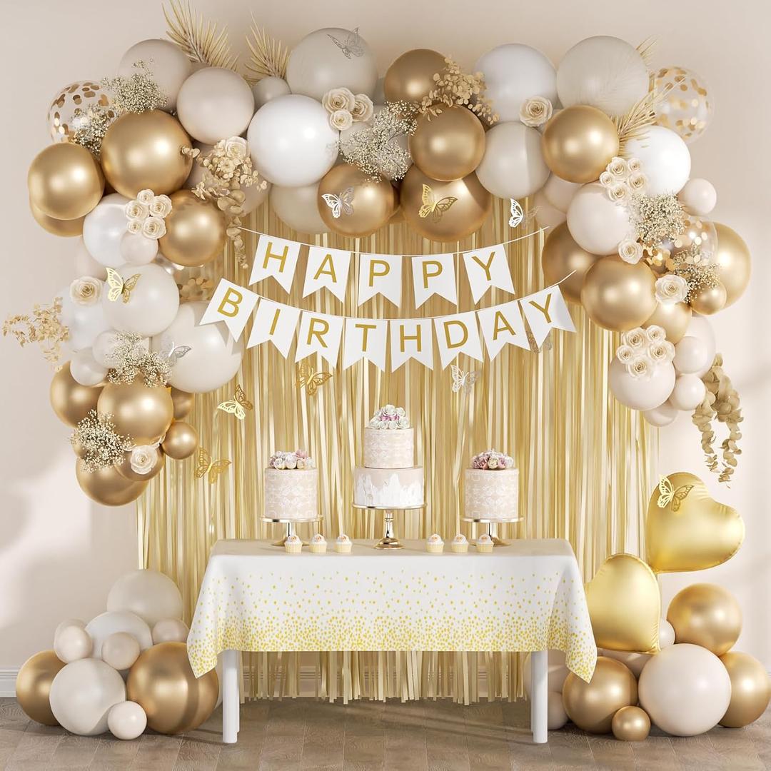 White and Golden Birthday Party Decorations with Happy Birthday Banner Fringe Curtai Tablecloth Butterfly Decorations Foil Balloons Happy Birthday Decorations for Women Girls Adults Kids