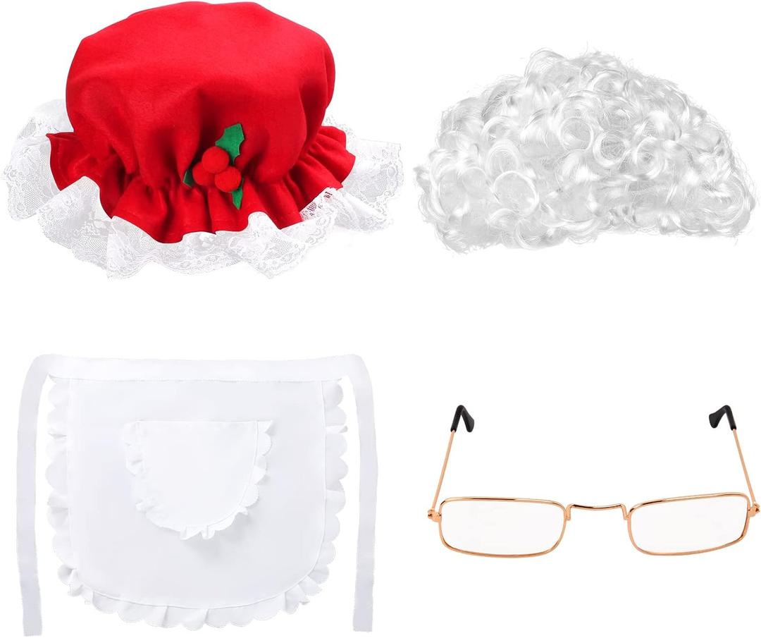 Christmas Mrs. Claus Costumes Set 4 Pcs With Mrs Claus Hat Old Lady Curly Wig Grandma Glasses Apron For Women Adult