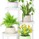iDavosic.ly 5 Tier Folding Plant Stand Indoor Outdoor with Plastic Tray, Tiered Corner Flower Holder Shelf, Metal Orchid Display Rack for Patio Porch Living Room Garden Balcony, White