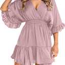 Aoysky Womens V Neck Casual Dresses Summer Loose High Waist Ruffle Pleated Cute Mini Short Dress (Pink), Large