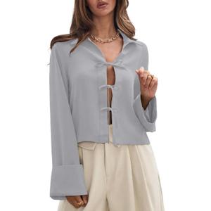EVALESS Womens Blouses Cute Long Sleeve Bow Tie Front Shirts Going Out Tops Spring Summer Outfits Trendy 2025 (Gray, L)