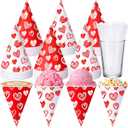 Honeydak 50 Set 6 oz Snow Cone Cups and Spoon Straws Red and White Heart Paper Cone Cups Summer Party Supplies for Shaved Ice Cream Slush Sorbet Treats