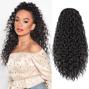 Curly Ponytail Extension Drawstring Ponytail 20 Inch Long Wavy Curly Clip in Ponytails Fake Pony Tails Hair Extensions Synthetic Curly Hair Thick Ponytail Extension Hairpiece (Brown Black)