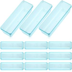Maitys 12 Pcs Vanity Drawer Organizer 9 x 3 x 2 Inches Clear Plastic Utensil Organizers Kitchen Drawers Dividers for Office Desk Silverware Kitchen Utensils Cosmetics and Bathrooms(Blue)