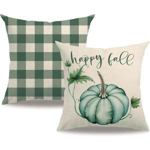 Fall Decorative Throw Pillow Covers,Autumn Pumpkin and Buffalo Check Plaid Design 18x18 Inch Cushion Cases 2Pack Happy Fall Harvest Farmhouse Home Pillowcases for Autumn Thanksgiving(Blue/Green)