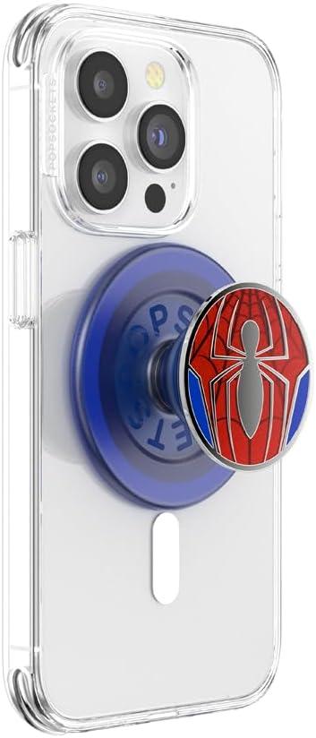 PopSockets Phone Grip for MagSafe with Kickstand, Magnetic Stand, Swappable Top, Secure Hold for iPhone MagSafe Cases, Phone & Tablet Grip, Spiderman - Enamel Peter Parker Suit