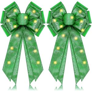 2 Pcs Large Dark Green Lighted Christmas Bows with Lights for Wreath and Tree Topper, 18x10 Inch Pre Lit Wreath Bow Light up for Christmas Decorations for Front Door Windows Outdoor Indoor