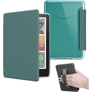 Case for All-New 7" Kindle Paperwhite 12th Gen 2024 and Kindle Colorsoft Signature Edition, Light PU Leather Cover and Transparent Hard Back with Hand Strap, Auto Sleep/Wake, Midnight Green