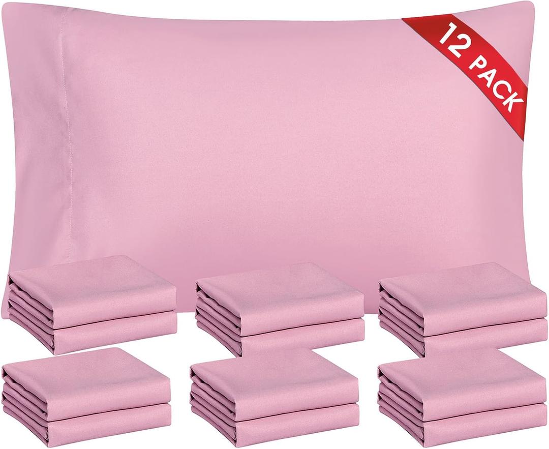 FreshCulture Dusty Pink Pillowcases Queen Size 12 Pack - Bulk Pillowcase Set - Envelope Closure - Soft Brushed Microfiber Fabric - 20x30 Inches Pillow Case Set of 12 for Home, Hotels, Schools