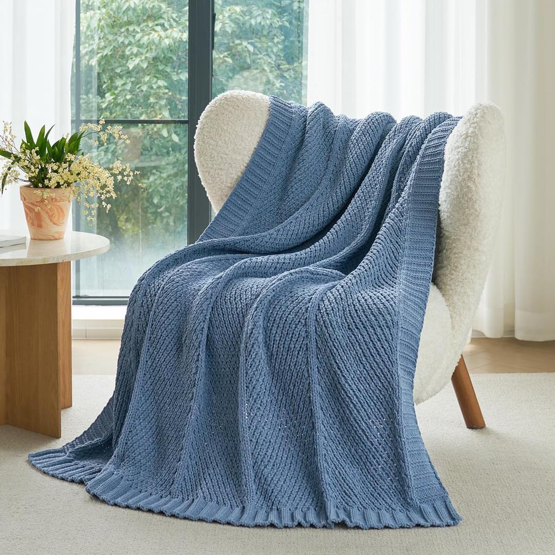 Amlie Home Knit Throw Blanket, Soft Chenille Cozy Breathable Chevron Chunky Decorative Blanket for Couch, Bed & Sofa, French-Inspired Lightweight Warm Gift for Women, Washed Blue, 50"x60"