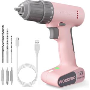 WORKPRO Pink Cordless Drill Driver Set, 12V Electric Power Drill Tool Kit with 6 Pcs Bits, 3/8-Inch Keyless Chuck, Variable Speed, 18 Touque Setting, Type-C Charge Cable, Led Light, Pink Ribbon