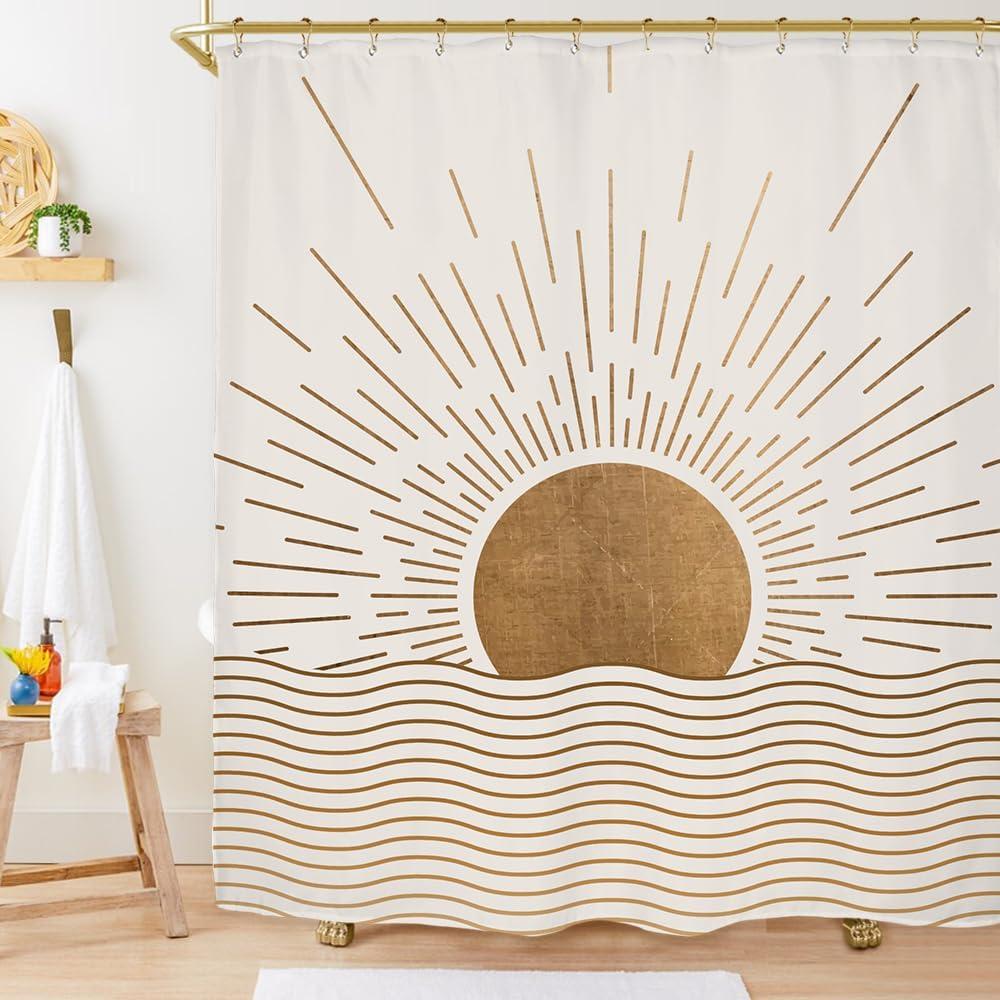 Miyotaa Sun Minimalist Shower Curtain Set 60Wx71H Inches Mid Century Sunrise Sunset Vintage Aesthetic Retro Polyester Waterproof Cloth Bathroom Curtain with 12 Hooks