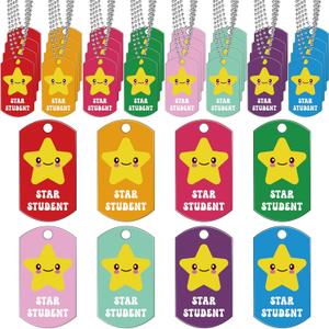 32 Pcs Student Incentives Acrylic Star Student Tags with Chains Recognition Tag Education Awards Prizes Bulk for School Classroom Reward Teacher Supplies, 8 Styles