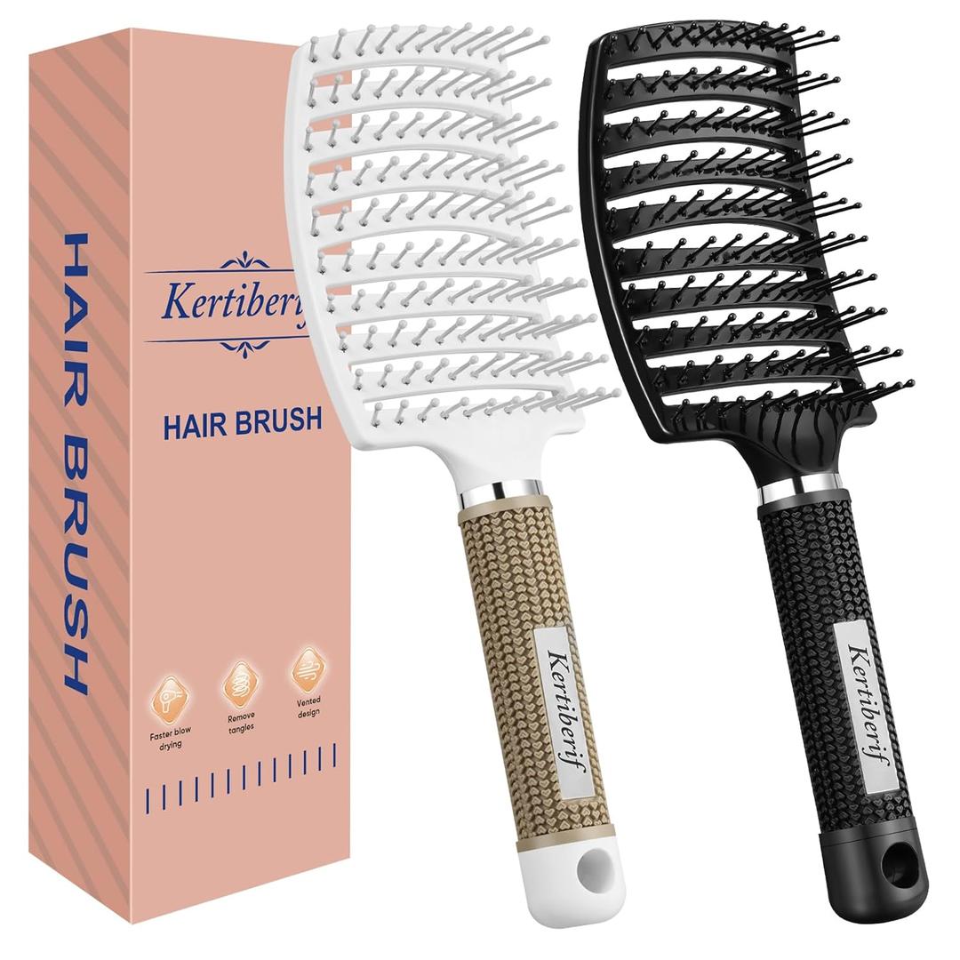 2 Pack Curved Vented Detangling Brush for Wet and Dry Hair, Paddle Styling Hair Brush for Faster Blow Drying, Detangler Brush for Women Men Curly Thick Hair (Black, White)