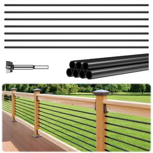 7 Pack 10 FT x 5/8 inch Aluminum Stair Balusters Round Horizontal Bar Baluster Matte Black Hollow Stair Spindles for Indoor Outdoor Deck Railing