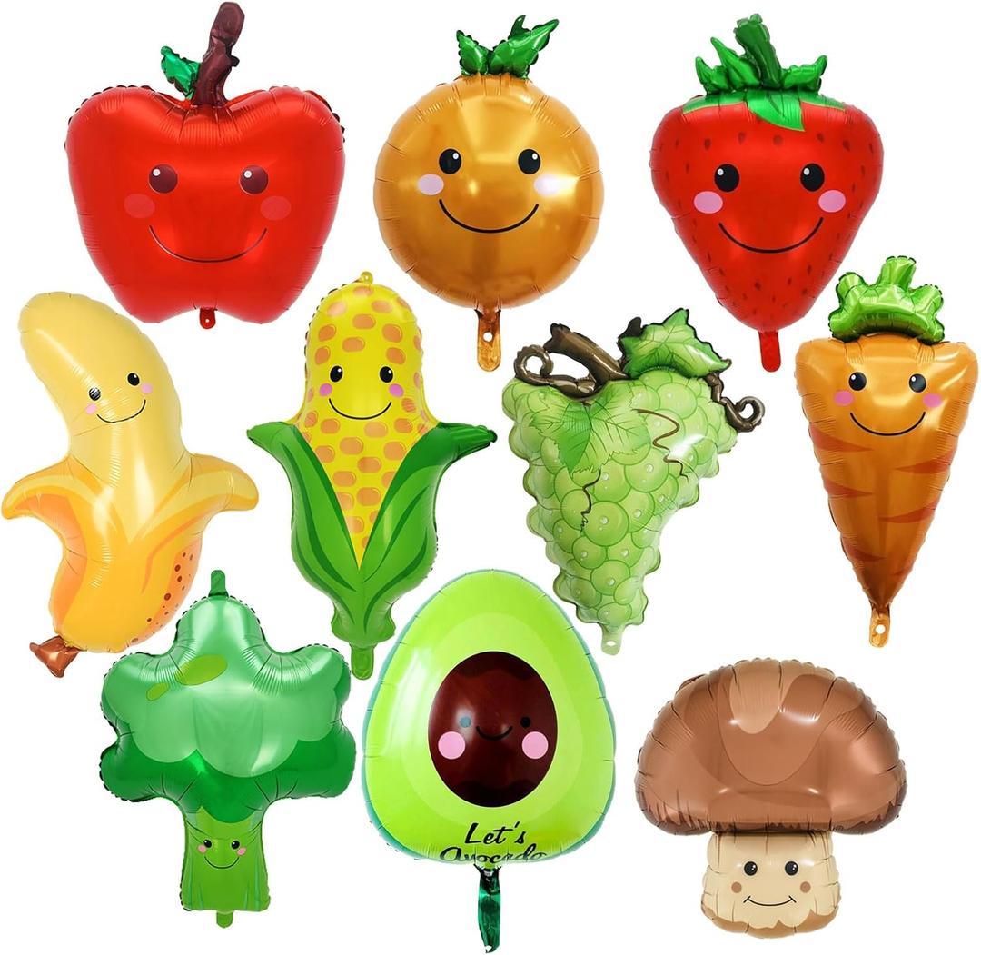 10 Pcs Fruit Balloons and Vegetable Balloons - Large Apple Orange Strawberry Grape Mushroom Banana Avocado Corn Carrot Broccoli Mylar Foil Balloons, Fruit Theme Birthday Party Decorations Supplies
