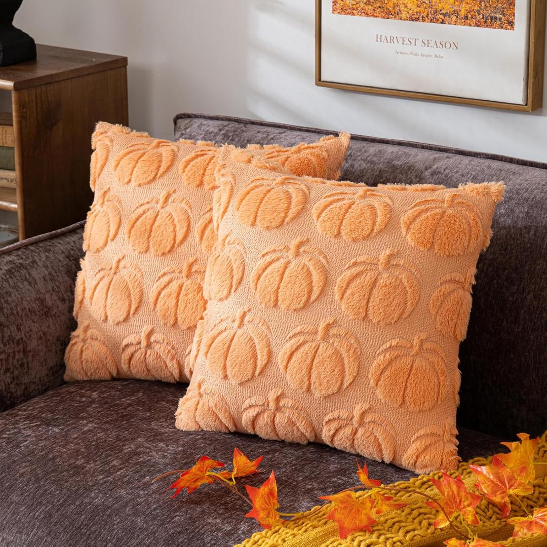 Pumpkin Fall Decorative Throw Pillow Covers 20"x20", Set of 2 Light Gold Soft Faux Fur Pillow Covers for Autumn Harvest, Fluffy Plush Accent Pillow Cases for Farmhouse Couch Cushion Covers
