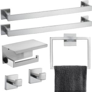 Brushed Nickel Bathroom Towel Bar Set Bathroom Accessories Hardware Set Including Double Towel Bar Towel Ring Coat Hook and Toilet Paper Holder with Shelf. Wall Mounted Stainless Steel