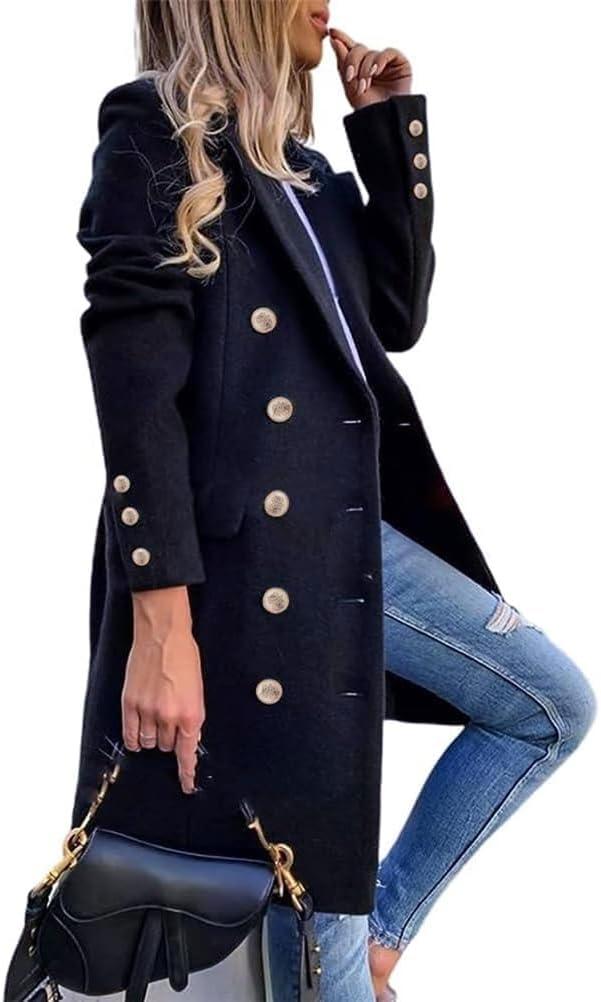 IDEALSANXUN Womens Fall Winter Wool Coats Double Breasted Midi Peacoat Trench Coats (Small, Navy)