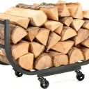30in Firewood Rack Outdoor - Indoor Firewood Holder Heavy Duty Firewood Carrier with Casters Stable Logs Rack Matte Black