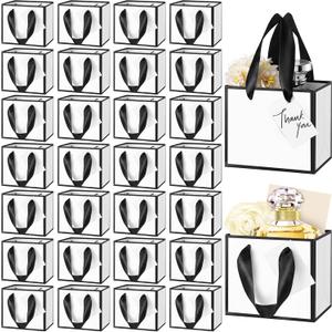 Yeaqee 50 Pcs Mini Metallic Gift Bags with Handles 4x4.75x2.25'' Tiny Thank You Favor Bags with Tag for Easter Mother's Day Wedding Spring Welcome Baby Shower Graduation Birthday (White,Black)