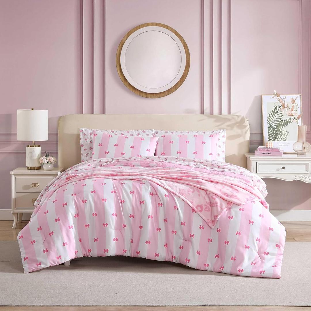 Betsey Johnson - Comforter Set, Super Soft Bedding with Matching Sham & Sheets, Includes Bonus Pillowcase & Reversible Plush Throw (Bow Stripe Pink, Full)