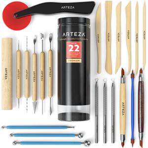 ARTEZA Pottery & Polymer Clay Tools, 22-Piece Sculpting Set with Steel Tips and Wooden Handles, Craft Kit for Pottery Modeling and Carving
